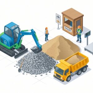 Изометрическая иллюстрация куч песка и щебня на белом фоне для аренды мини-экскаватора
